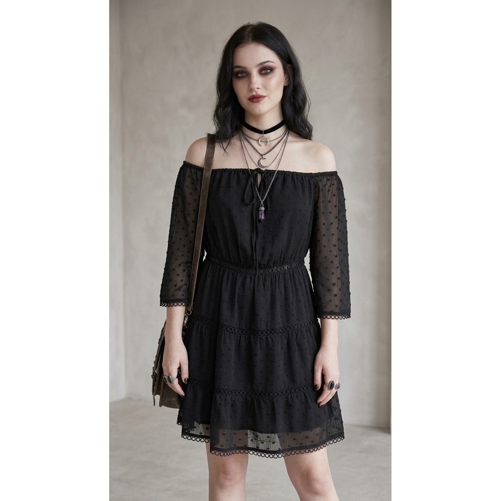 Gianni Bini Mini Dress Medium Black Lace Tiered Whimsigoth Witchy Dark Fairy
